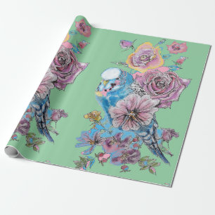 Blue Budgie Roses art flowers Watercolor Wrapping Paper