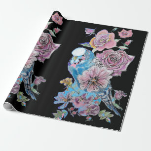 Blue Budgie Roses art flowers Watercolor Wrapping Paper