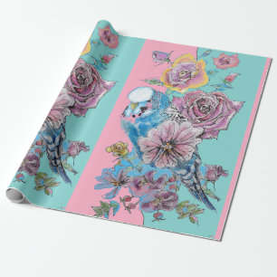 Blue Budgie Roses art flowers Watercolor Wrapping Paper