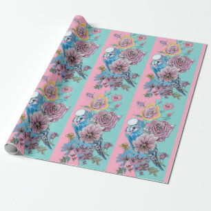 Blue Budgie Roses art flowers Watercolor Wrapping  Paper