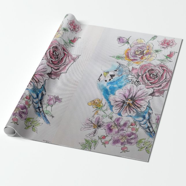 Blue Budgie Roses art flowers Watercolor Wrapping Paper (Unrolled)