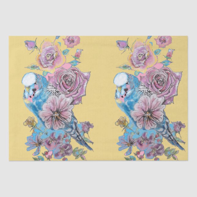 Blue Budgie Roses Floral Pattern Yellow Tissue Paper (Front)