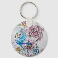 Blue Budgie & Roses Watercolor Girls Name Key Ring