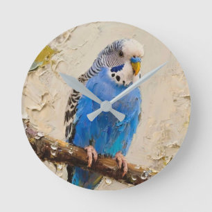 Blue Budgie Round Clock