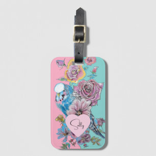 Blue Budgie Watercolor floral Girls Pink Aqua Luggage Tag