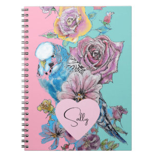 Blue Budgie Watercolor floral Girls Pink Aqua Notebook