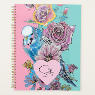 Blue Budgie Watercolor floral Girls Pink Aqua Planner