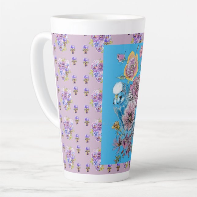 Blue Budgie Watercolor floral Ladies Latte Mug (Left Angle)