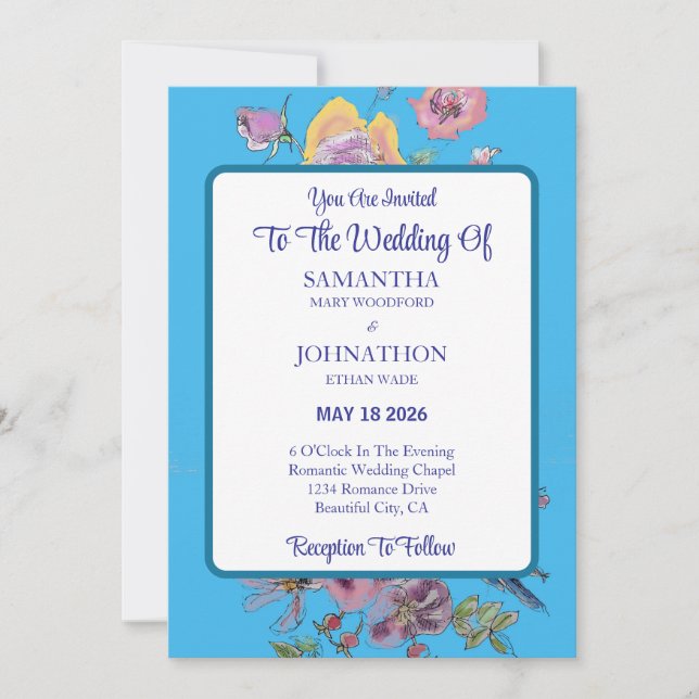 Blue Budgie Watercolor Flower Wedding Invitation (Front)