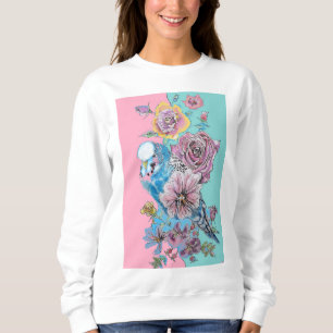 Blue Budgie Watercolor Red Roses floral art bird Sweatshirt