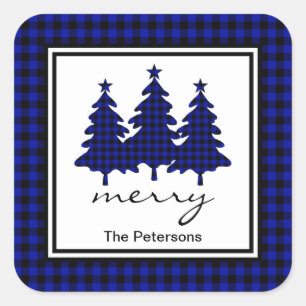 Blue Buffalo Check Pine Trees Personalized Square Sticker