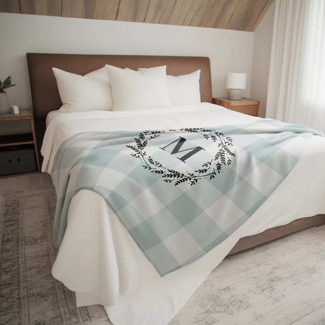 Blue Buffalo Check Wreath Monogram | Farmhouse Fleece Blanket (Creator Uploaded)
