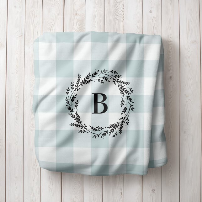 Blue Buffalo Check Wreath Monogram | Farmhouse Sherpa Blanket (Creator Uploaded)