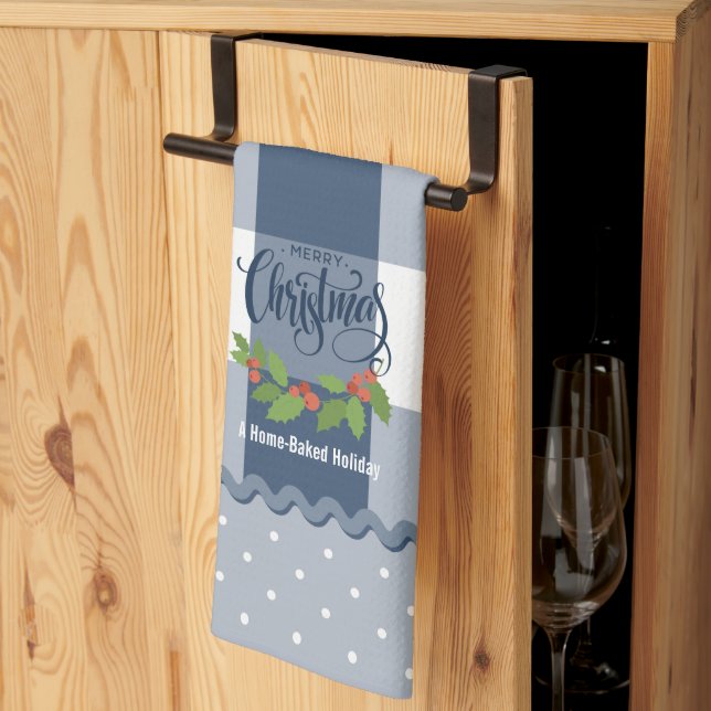 Blue Buffalo Checks Holly Leaves and Berries Chris Kitchen Towel (Thirds Fold)