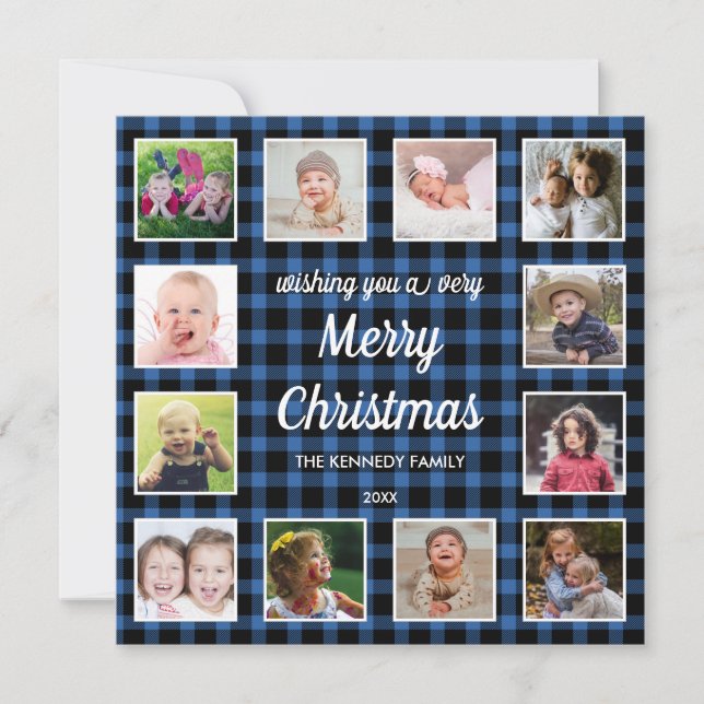 Blue Buffalo Plaid 12 Photo Collage  Christmas Holiday Card (Front)