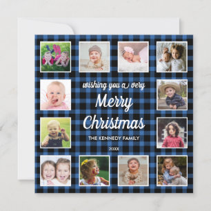 Blue Buffalo Plaid 12 Photo Collage  Christmas Holiday Card