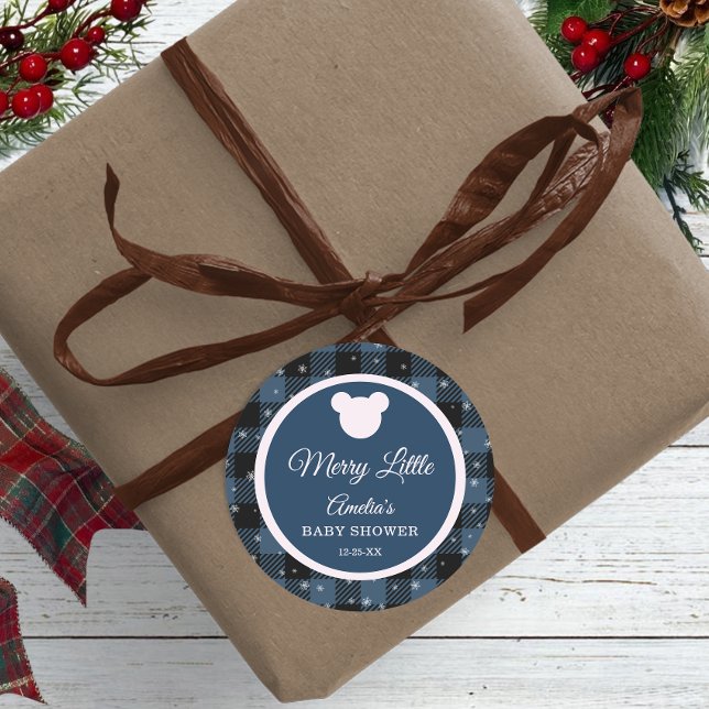 Blue Buffalo Plaid Bear Baby Shower Sticker (Creator Uploaded)
