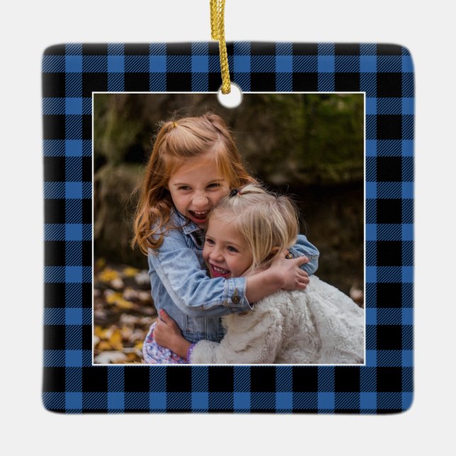 Blue Buffalo Plaid Christmas Photo Ceramic Ornament (Front)