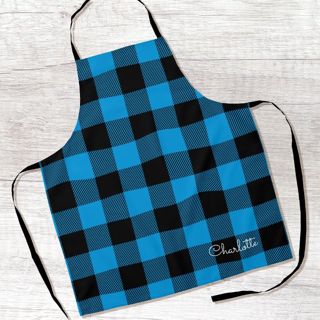 Blue Buffalo Plaid Custom Name Rustic Christmas Apron (Creator Uploaded)