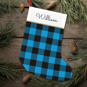 Blue Buffalo Plaid Custom Name Rustic Small Christmas Stocking