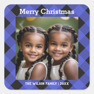 Blue Buffalo Plaid Custom Photo Merry Christmas Square Sticker