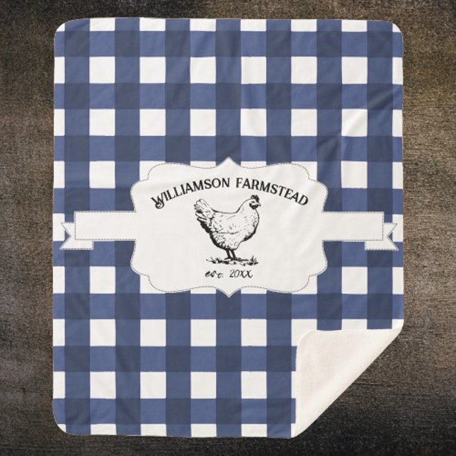Blue Buffalo Plaid Farm Chicken Sherpa Blanket (Blue Buffalo Plaid Farm Chicken Personalized Sherpa Blanket)
