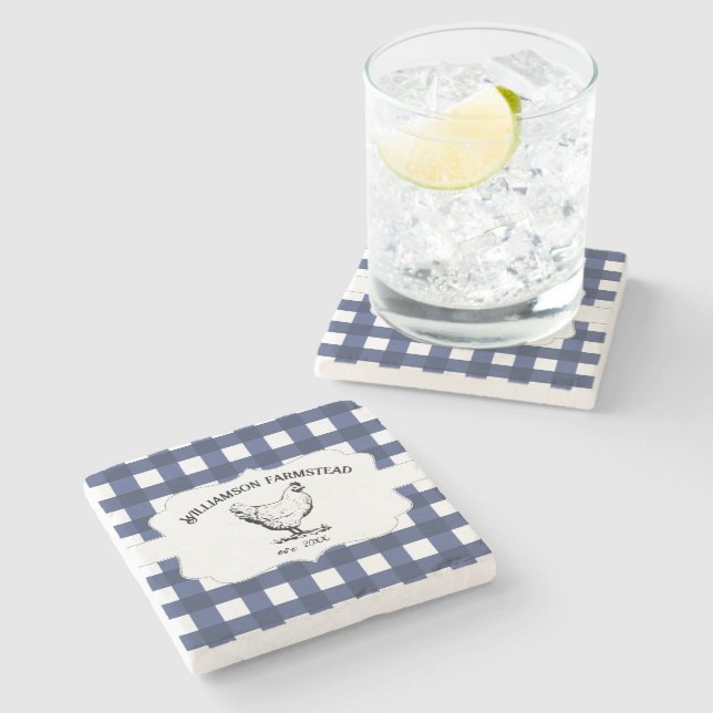 Blue Buffalo Plaid Farm Chicken Stone Coaster (Side)