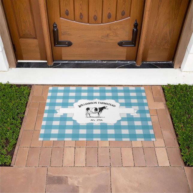 Blue Buffalo Plaid Farm Cow Doormat (Outdoor)