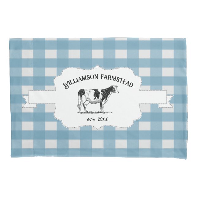 Blue Buffalo Plaid Farm Cow Pillow Case (Front)
