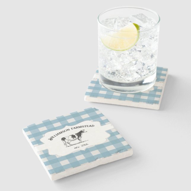 Blue Buffalo Plaid Farm Cow Stone Coaster (Side)