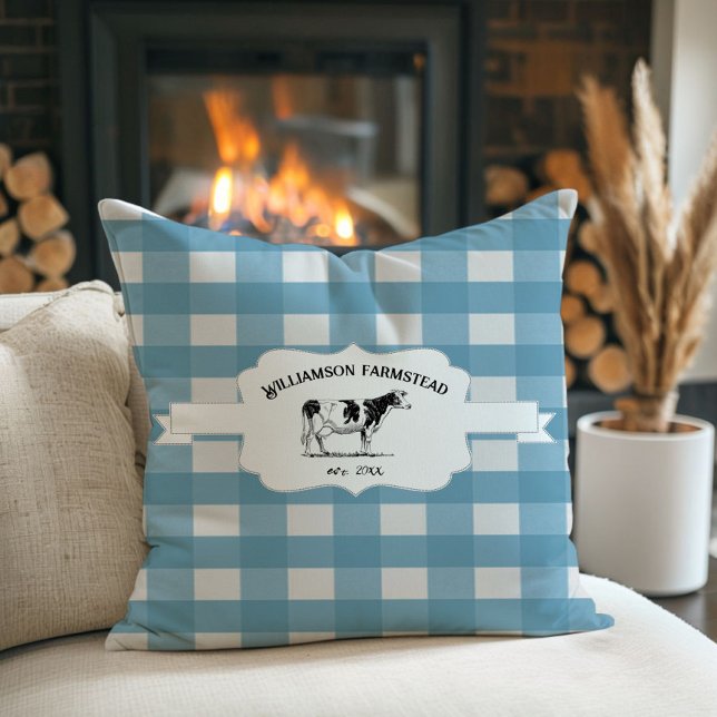Blue Buffalo Plaid Farm Cow Throw Pillow (Blue Buffalo Plaid Farm Cow Throw Pillow)