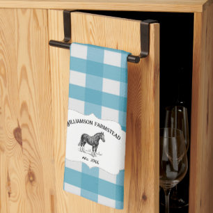Blue Buffalo Plaid Farm Horse Serviette de cuisine