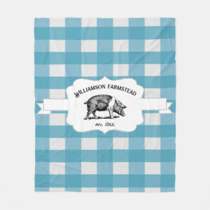 Blue Buffalo Plaid Farm Pig Fleece Blanket