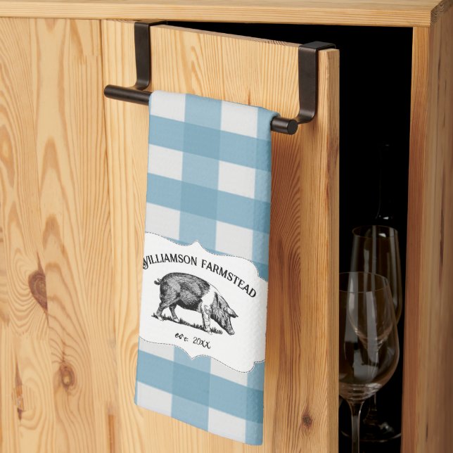 Blue Buffalo Plaid Farm Pig Kitchen Towel (Thirds Fold)