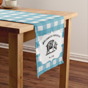 Blue Buffalo Plaid Farm Pig Short Table Runner