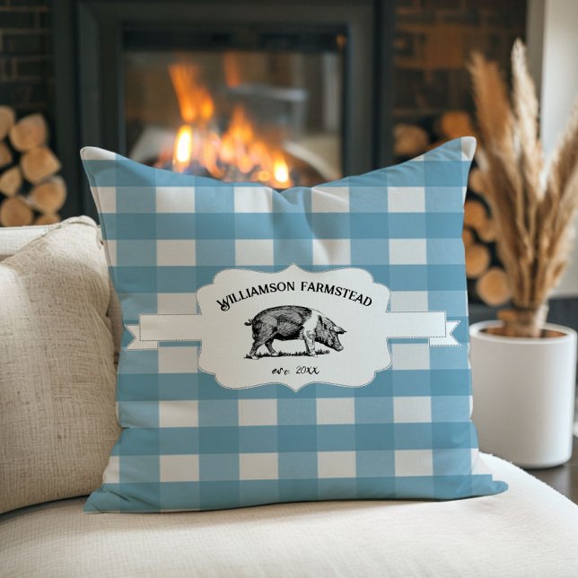 Blue Buffalo Plaid Farm Pig Throw Pillow (Blue Buffalo Plaid Farm Pig Throw Pillow)