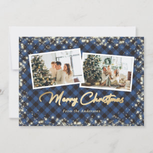 Blue Buffalo Plaid Gold Photo Christmas Holiday Card