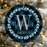 Blue Buffalo Plaid Monogram Wreath Christmas Ceramic Ornament<br><div class="desc">This cute rustic farmhouse design features a Buffalo Plaid pattern with a Monogram Wreath. A trendy Family Christmas Ceramic Ornament keepsake for the holidays. Personalize this custom design with your own family name or text.</div>