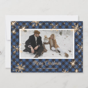 Blue Buffalo Plaid Sparkly Photo Christmas Cards
