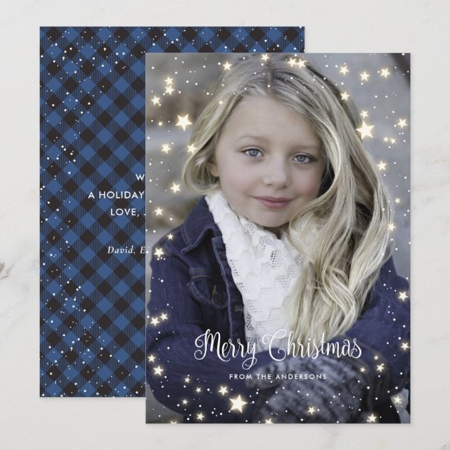 Blue Buffalo Plaid Stars Photo Cartes de Noël (Devant / Derrière)