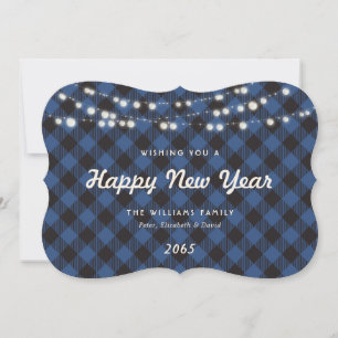 Blue Buffalo Plaid String Lights New Year Card