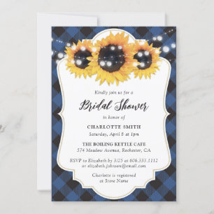 Blue Buffalo Plaid Sunflower Bridal Shower Invitation