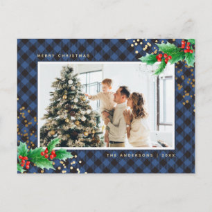 Blue Buffalo Plaid Watercolor Photo Christmas Holiday Postcard