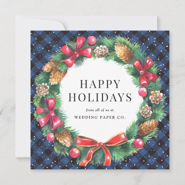 Blue Buffalo Plaid Wreath Corporate Business Holiday Card (Front)
