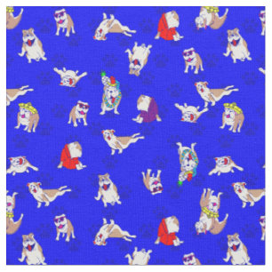 blue bulldog funny puppy dog whimsical paw prints fabric