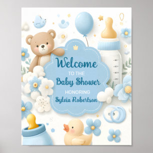 Blue Bundle Joy:Teddy Bear Baby Boy Shower Welcome Poster