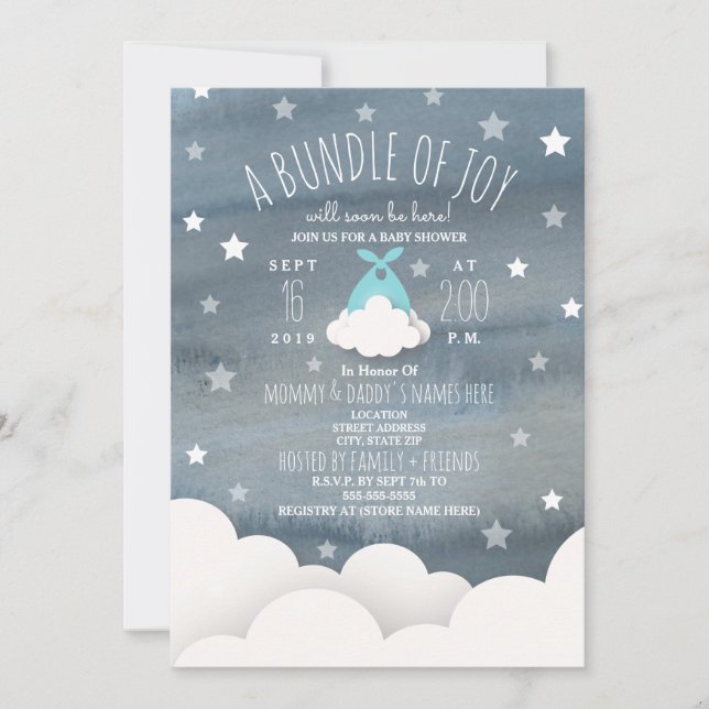 Blue Bundle of Joy Clouds + Stars Watercolor Baby Invitation (Front)