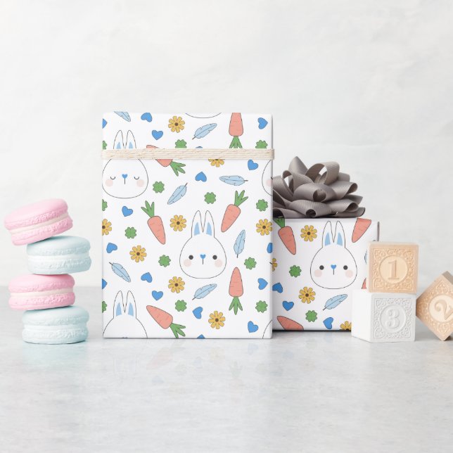 Blue Bunnies Carrots Spring Easter Pattern Wrapping Paper (Baby Shower)