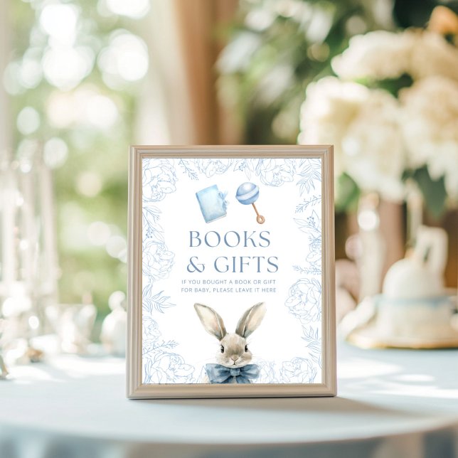 Blue Bunny Baby Shower Diaper Raffle  Poster (Books and Gifts Baby Shower Sign 
)