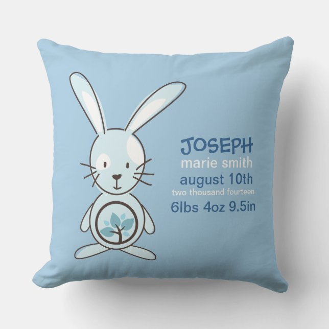 Blue Bunny Birth Announcement Throw Pillow (Front)